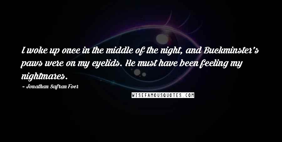 Jonathan Safran Foer Quotes: I woke up once in the middle of the night, and Buckminster's paws were on my eyelids. He must have been feeling my nightmares.