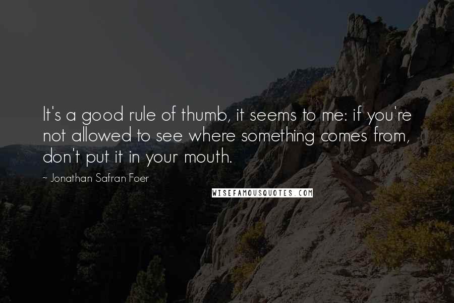 Jonathan Safran Foer Quotes: It's a good rule of thumb, it seems to me: if you're not allowed to see where something comes from, don't put it in your mouth.