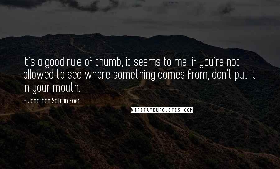 Jonathan Safran Foer Quotes: It's a good rule of thumb, it seems to me: if you're not allowed to see where something comes from, don't put it in your mouth.