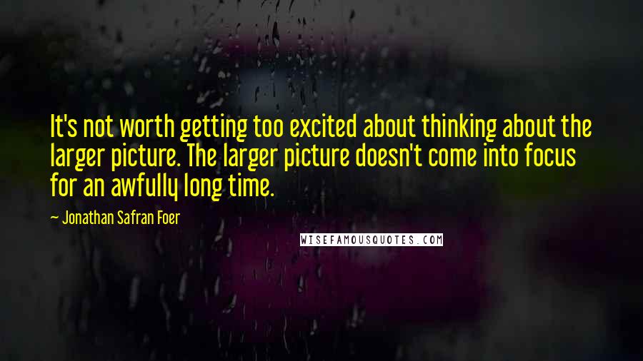 Jonathan Safran Foer Quotes: It's not worth getting too excited about thinking about the larger picture. The larger picture doesn't come into focus for an awfully long time.