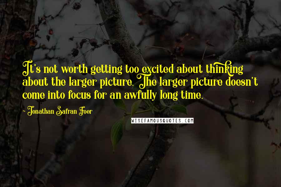 Jonathan Safran Foer Quotes: It's not worth getting too excited about thinking about the larger picture. The larger picture doesn't come into focus for an awfully long time.