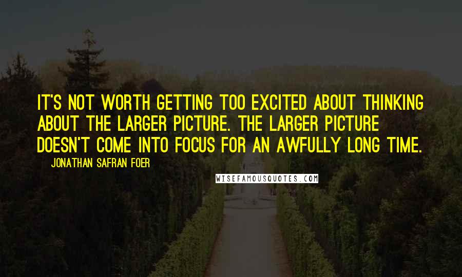 Jonathan Safran Foer Quotes: It's not worth getting too excited about thinking about the larger picture. The larger picture doesn't come into focus for an awfully long time.