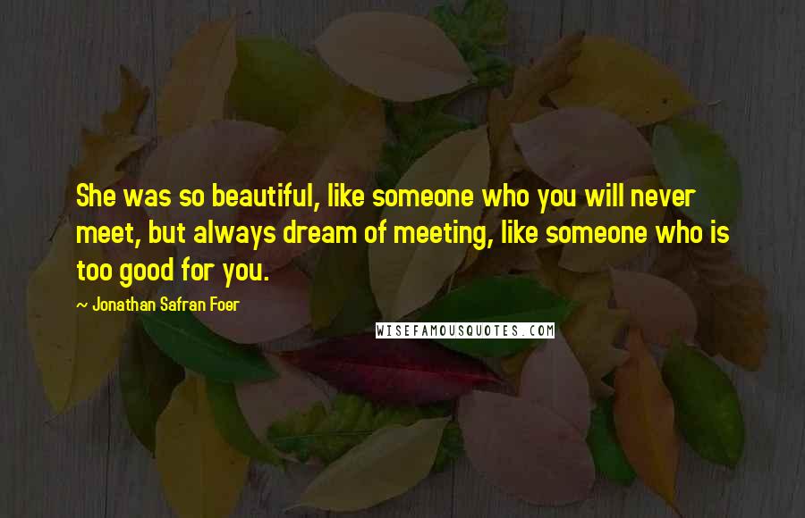 Jonathan Safran Foer Quotes: She was so beautiful, like someone who you will never meet, but always dream of meeting, like someone who is too good for you.