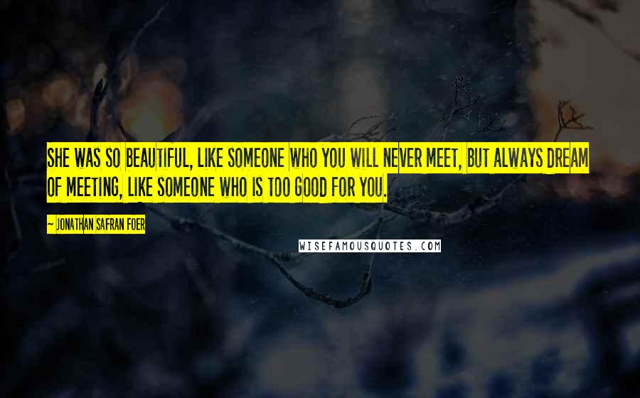 Jonathan Safran Foer Quotes: She was so beautiful, like someone who you will never meet, but always dream of meeting, like someone who is too good for you.