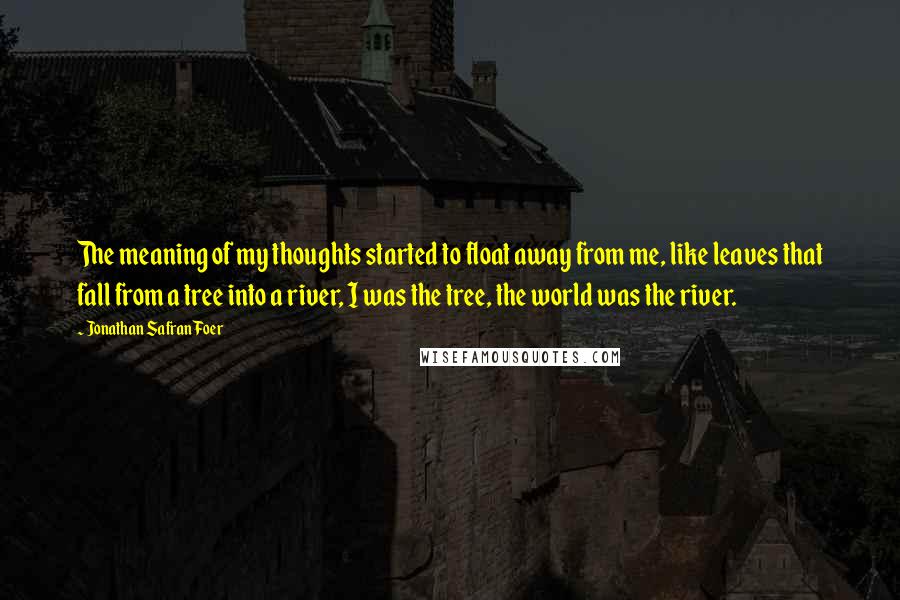 Jonathan Safran Foer Quotes: The meaning of my thoughts started to float away from me, like leaves that fall from a tree into a river, I was the tree, the world was the river.