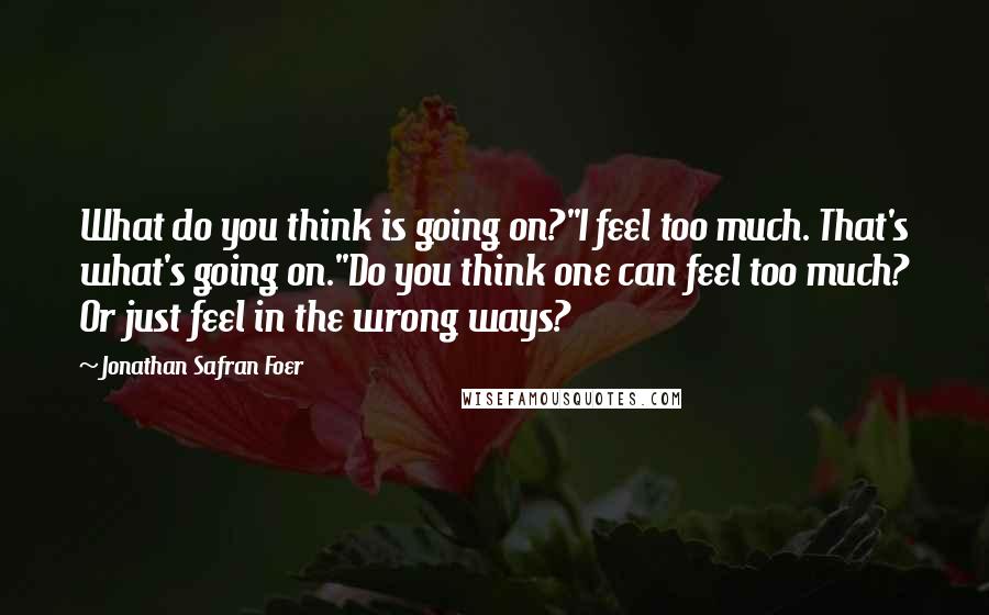 Jonathan Safran Foer Quotes: What do you think is going on?''I feel too much. That's what's going on.''Do you think one can feel too much? Or just feel in the wrong ways?