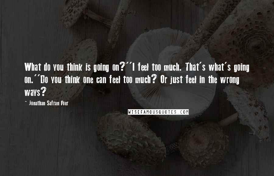 Jonathan Safran Foer Quotes: What do you think is going on?''I feel too much. That's what's going on.''Do you think one can feel too much? Or just feel in the wrong ways?