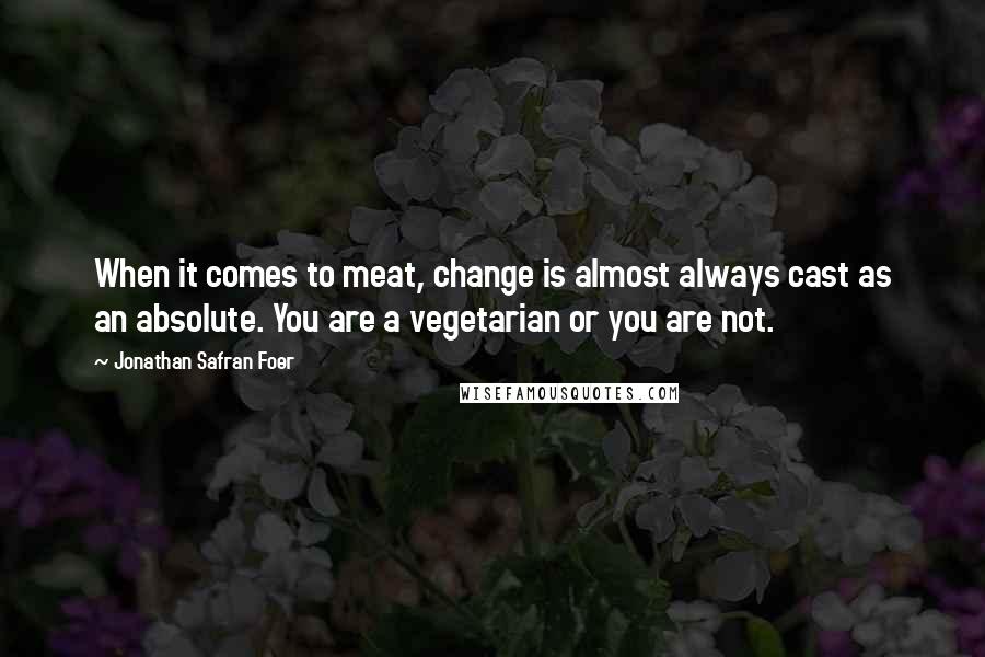 Jonathan Safran Foer Quotes: When it comes to meat, change is almost always cast as an absolute. You are a vegetarian or you are not.