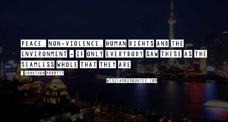 Jonathon Porritt Quotes: Peace, non-violence, human rights and the environment - if only everybody saw these as the seamless whole that they are