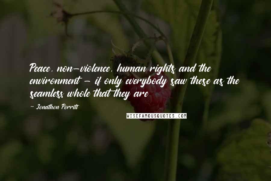 Jonathon Porritt Quotes: Peace, non-violence, human rights and the environment - if only everybody saw these as the seamless whole that they are