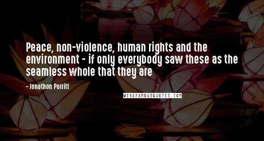 Jonathon Porritt Quotes: Peace, non-violence, human rights and the environment - if only everybody saw these as the seamless whole that they are