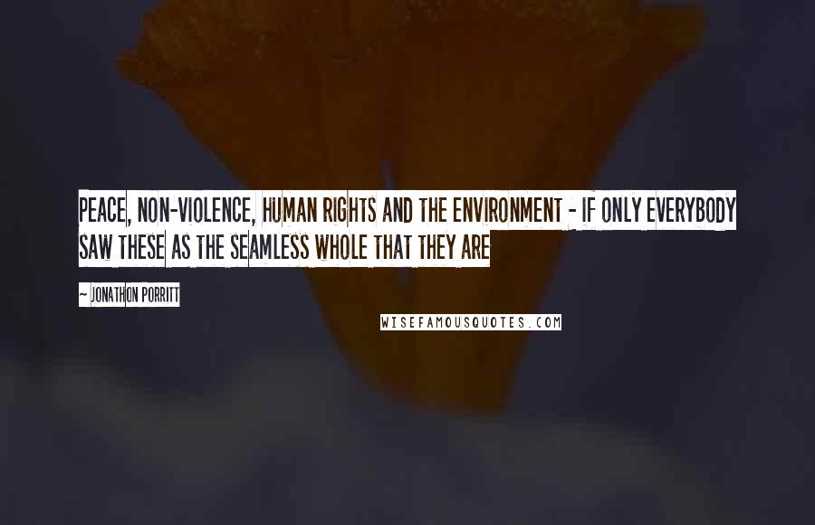 Jonathon Porritt Quotes: Peace, non-violence, human rights and the environment - if only everybody saw these as the seamless whole that they are