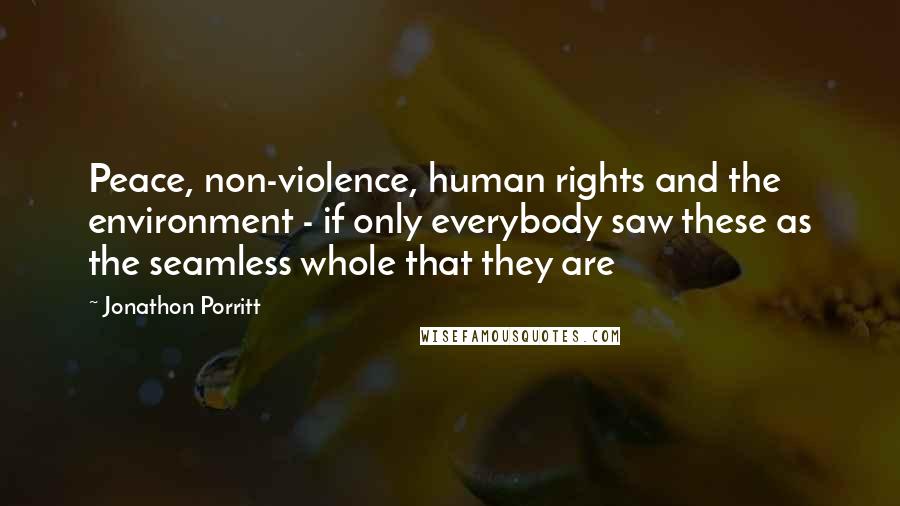 Jonathon Porritt Quotes: Peace, non-violence, human rights and the environment - if only everybody saw these as the seamless whole that they are