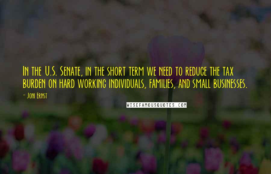 Joni Ernst Quotes: In the U.S. Senate, in the short term we need to reduce the tax burden on hard working individuals, families, and small businesses.