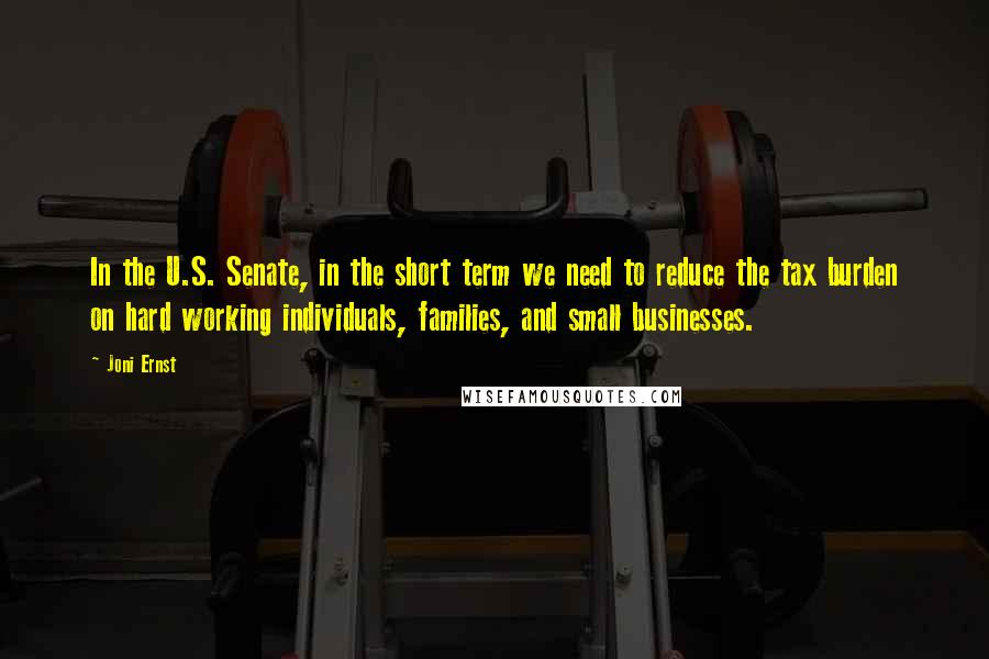 Joni Ernst Quotes: In the U.S. Senate, in the short term we need to reduce the tax burden on hard working individuals, families, and small businesses.