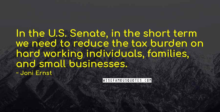 Joni Ernst Quotes: In the U.S. Senate, in the short term we need to reduce the tax burden on hard working individuals, families, and small businesses.