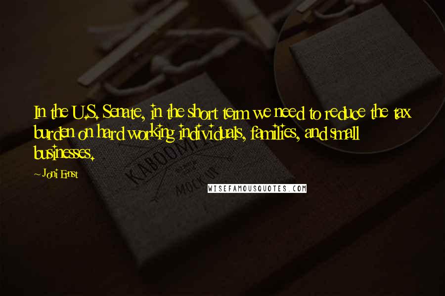 Joni Ernst Quotes: In the U.S. Senate, in the short term we need to reduce the tax burden on hard working individuals, families, and small businesses.