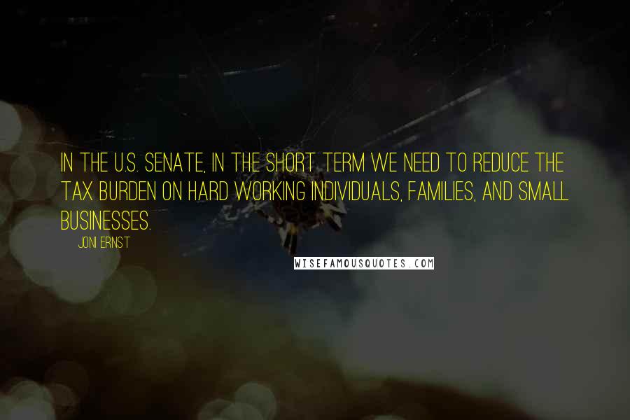 Joni Ernst Quotes: In the U.S. Senate, in the short term we need to reduce the tax burden on hard working individuals, families, and small businesses.