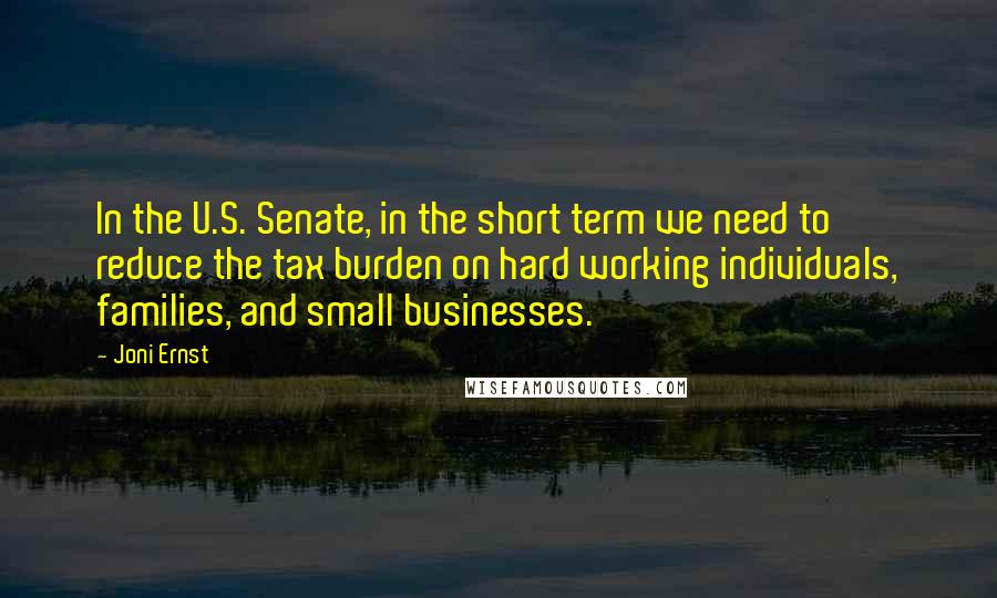 Joni Ernst Quotes: In the U.S. Senate, in the short term we need to reduce the tax burden on hard working individuals, families, and small businesses.