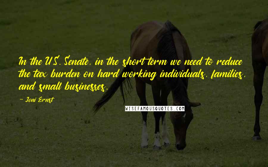 Joni Ernst Quotes: In the U.S. Senate, in the short term we need to reduce the tax burden on hard working individuals, families, and small businesses.