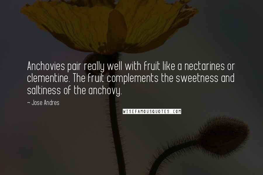 Jose Andres Quotes: Anchovies pair really well with fruit like a nectarines or clementine. The fruit complements the sweetness and saltiness of the anchovy.