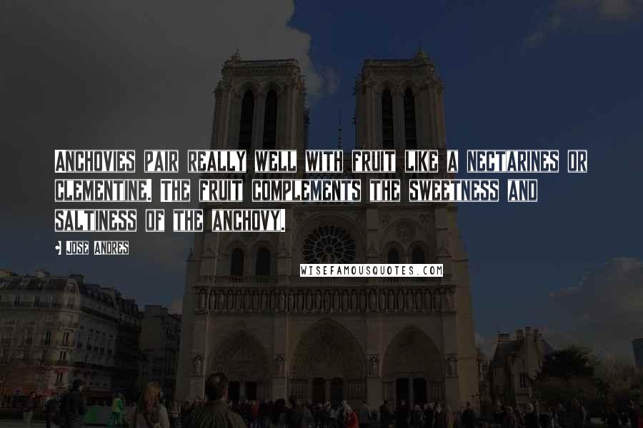 Jose Andres Quotes: Anchovies pair really well with fruit like a nectarines or clementine. The fruit complements the sweetness and saltiness of the anchovy.