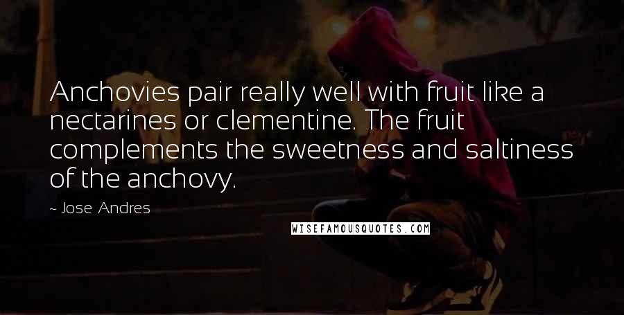 Jose Andres Quotes: Anchovies pair really well with fruit like a nectarines or clementine. The fruit complements the sweetness and saltiness of the anchovy.