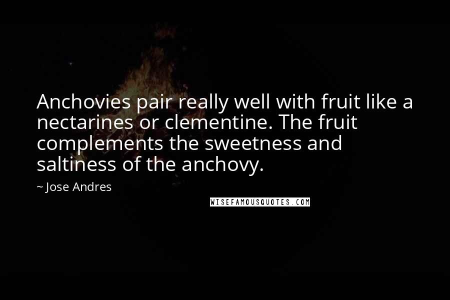 Jose Andres Quotes: Anchovies pair really well with fruit like a nectarines or clementine. The fruit complements the sweetness and saltiness of the anchovy.