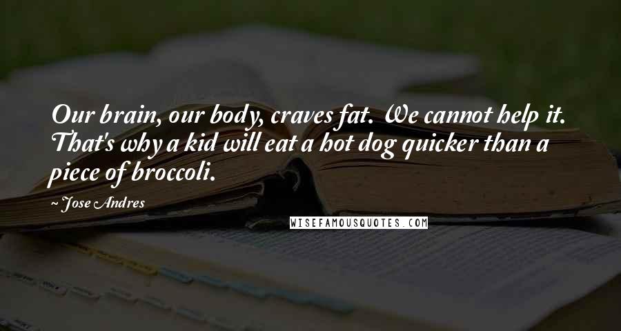 Jose Andres Quotes: Our brain, our body, craves fat. We cannot help it. That's why a kid will eat a hot dog quicker than a piece of broccoli.