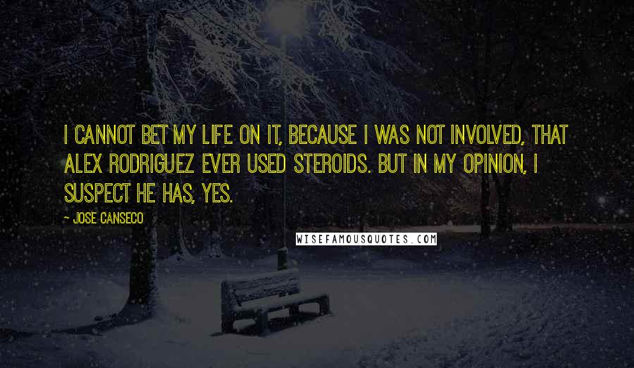 Jose Canseco Quotes: I cannot bet my life on it, because I was not involved, that Alex Rodriguez ever used steroids. But in my opinion, I suspect he has, yes.