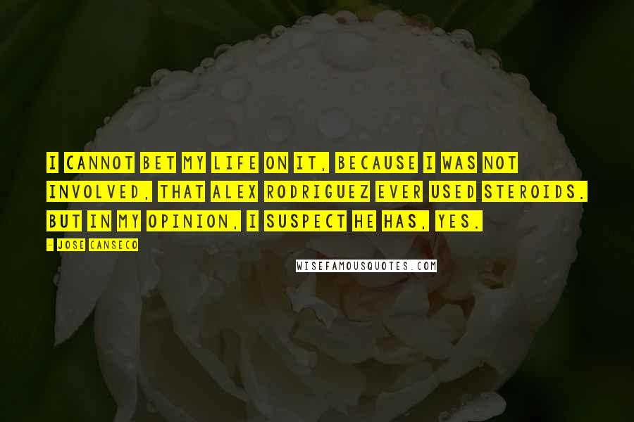 Jose Canseco Quotes: I cannot bet my life on it, because I was not involved, that Alex Rodriguez ever used steroids. But in my opinion, I suspect he has, yes.