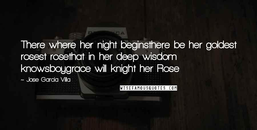 Jose Garcia Villa Quotes: There where her night beginsthere be her goldest rosest rosethat in her deep wisdom knowsboygrace will knight her Rose
