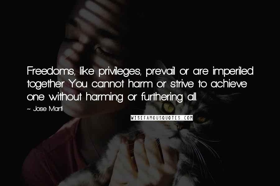 Jose Marti Quotes: Freedoms, like privileges, prevail or are imperiled together You cannot harm or strive to achieve one without harming or furthering all.