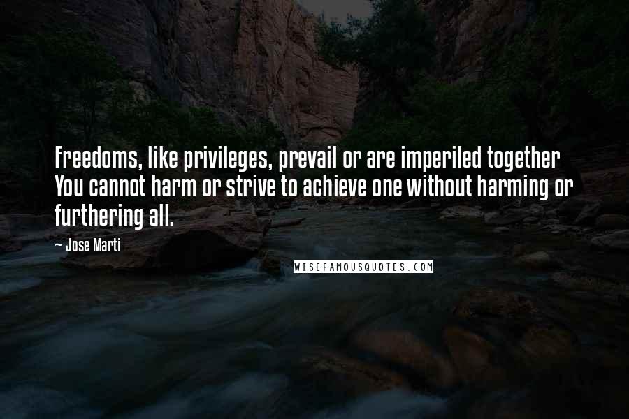 Jose Marti Quotes: Freedoms, like privileges, prevail or are imperiled together You cannot harm or strive to achieve one without harming or furthering all.