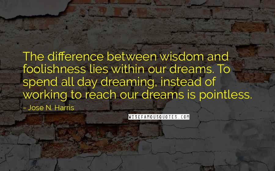 Jose N. Harris Quotes: The difference between wisdom and foolishness lies within our dreams. To spend all day dreaming, instead of working to reach our dreams is pointless.