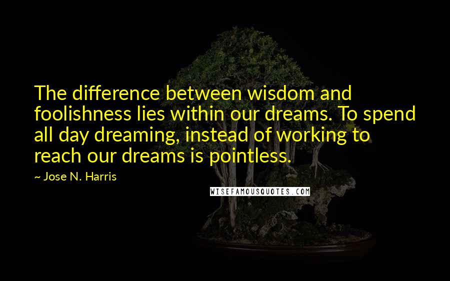 Jose N. Harris Quotes: The difference between wisdom and foolishness lies within our dreams. To spend all day dreaming, instead of working to reach our dreams is pointless.