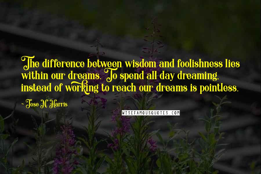 Jose N. Harris Quotes: The difference between wisdom and foolishness lies within our dreams. To spend all day dreaming, instead of working to reach our dreams is pointless.