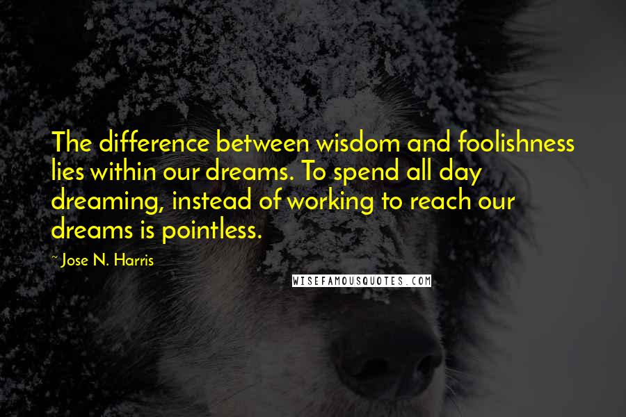 Jose N. Harris Quotes: The difference between wisdom and foolishness lies within our dreams. To spend all day dreaming, instead of working to reach our dreams is pointless.