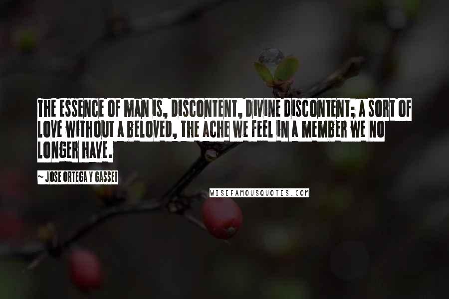 Jose Ortega Y Gasset Quotes: The essence of man is, discontent, divine discontent; a sort of love without a beloved, the ache we feel in a member we no longer have.