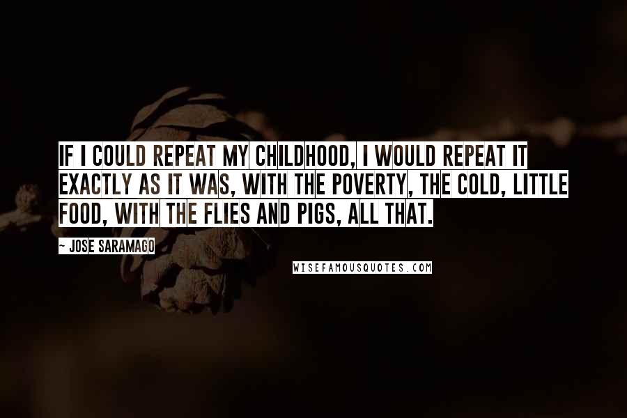 Jose Saramago Quotes: If I could repeat my childhood, I would repeat it exactly as it was, with the poverty, the cold, little food, with the flies and pigs, all that.