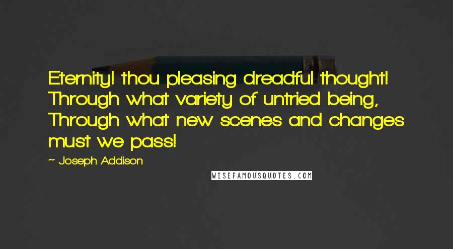 Joseph Addison Quotes: Eternity! thou pleasing dreadful thought! Through what variety of untried being, Through what new scenes and changes must we pass!