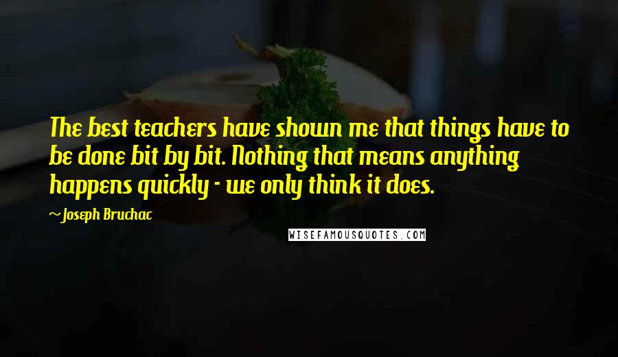 Joseph Bruchac Quotes: The best teachers have shown me that things have to be done bit by bit. Nothing that means anything happens quickly - we only think it does.