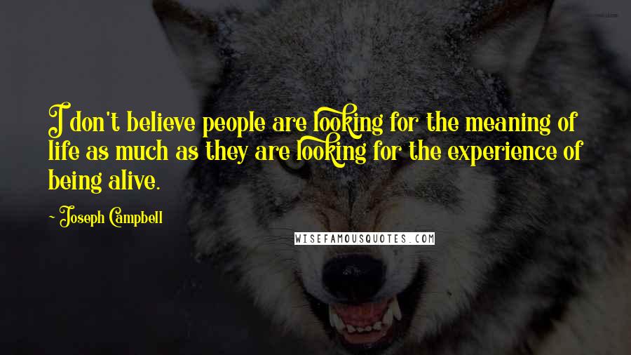 Joseph Campbell Quotes: I don't believe people are looking for the meaning of life as much as they are looking for the experience of being alive.