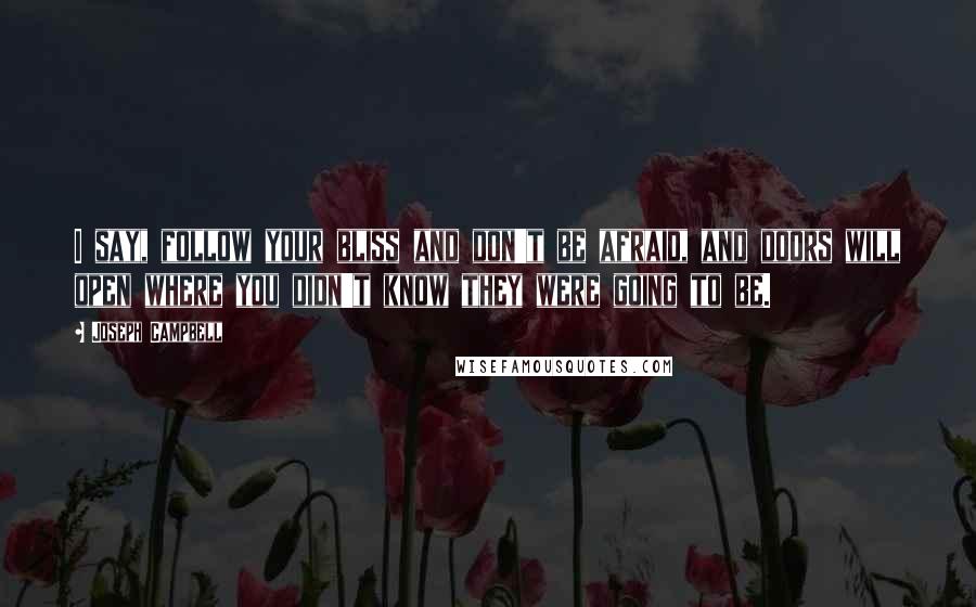 Joseph Campbell Quotes: I say, follow your bliss and don't be afraid, and doors will open where you didn't know they were going to be.