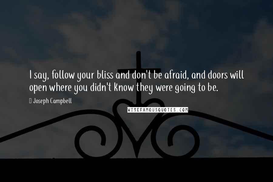 Joseph Campbell Quotes: I say, follow your bliss and don't be afraid, and doors will open where you didn't know they were going to be.