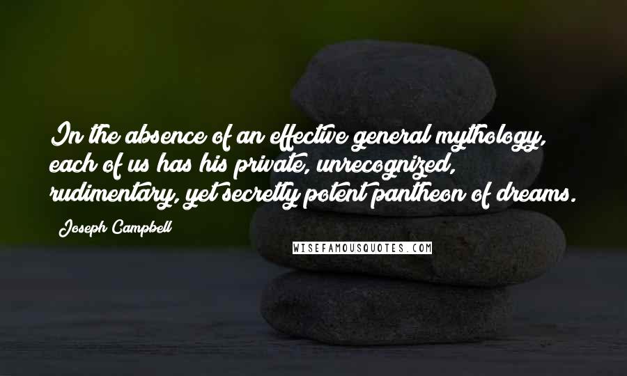 Joseph Campbell Quotes: In the absence of an effective general mythology, each of us has his private, unrecognized, rudimentary, yet secretly potent pantheon of dreams.