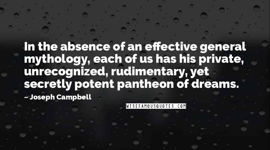 Joseph Campbell Quotes: In the absence of an effective general mythology, each of us has his private, unrecognized, rudimentary, yet secretly potent pantheon of dreams.