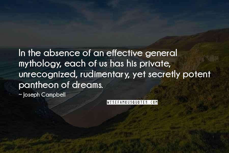 Joseph Campbell Quotes: In the absence of an effective general mythology, each of us has his private, unrecognized, rudimentary, yet secretly potent pantheon of dreams.