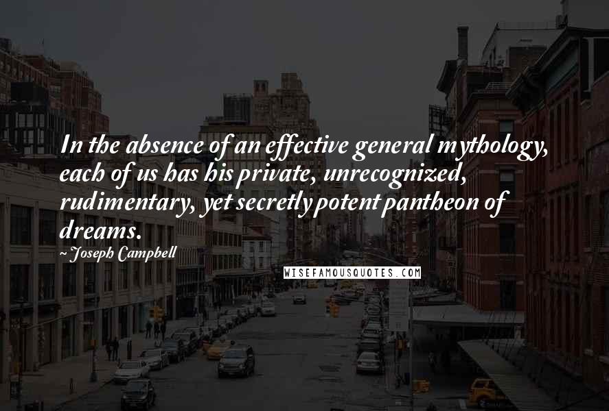 Joseph Campbell Quotes: In the absence of an effective general mythology, each of us has his private, unrecognized, rudimentary, yet secretly potent pantheon of dreams.