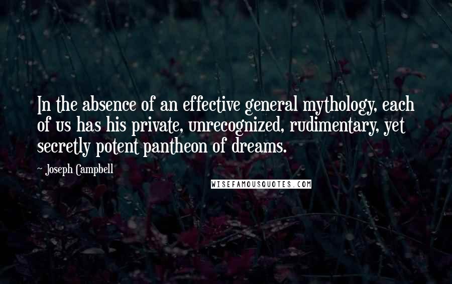 Joseph Campbell Quotes: In the absence of an effective general mythology, each of us has his private, unrecognized, rudimentary, yet secretly potent pantheon of dreams.